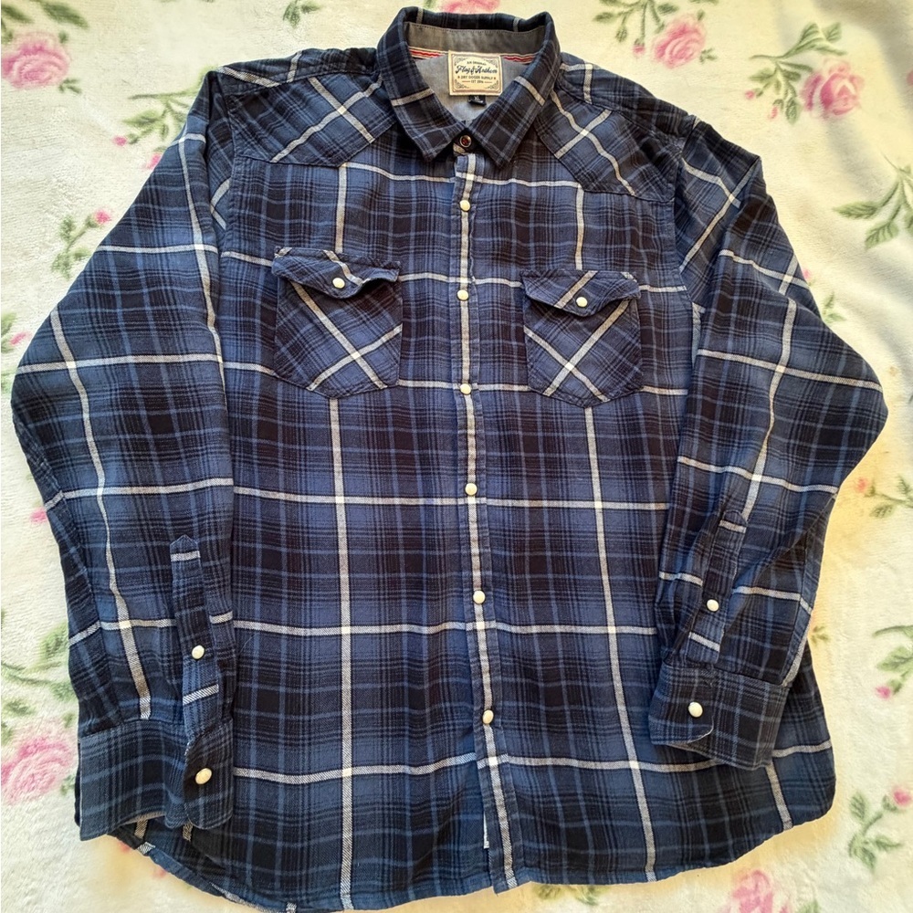 Flag & Anthem Blue Plaid Shirt-Pearl Snap Buttons-Size XL